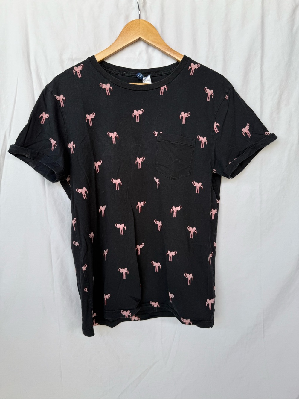Divided Black Short-Sleeve Tee with Pink Flamingo Print